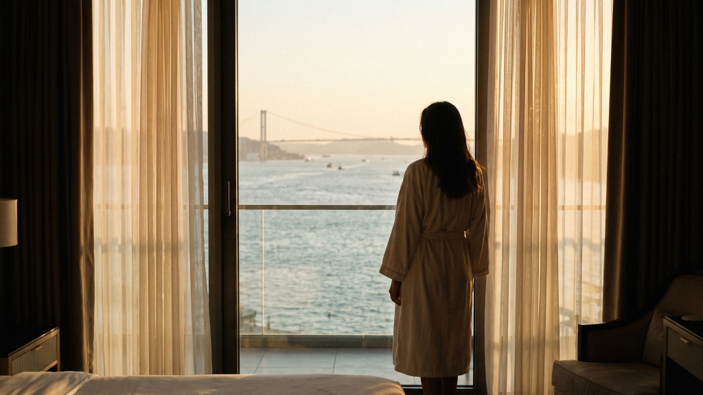 Woman in a robe looking out at the Bosphorus Bridge from a hotel room in Istanbul at sunset